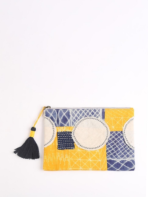 Upcycled Fabric Pouch with embroidered details- 3 Matte Yellow