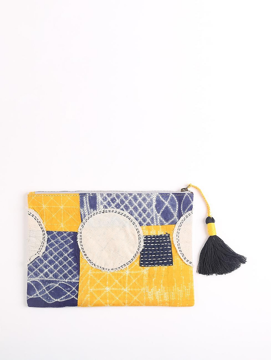 Upcycled Fabric Pouch with embroidered details- 3 Matte Yellow