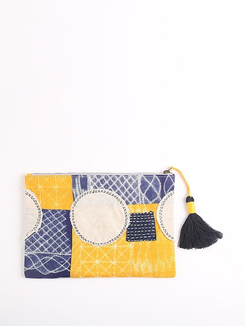 Upcycled Fabric Pouch with embroidered details- 3 Matte Yellow