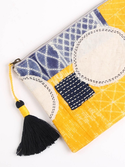 Upcycled Fabric Pouch with embroidered details- 3 Matte Yellow