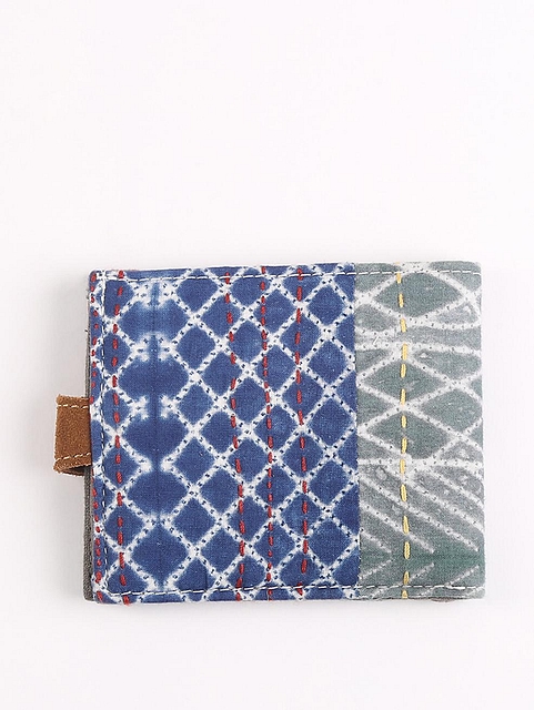 Upcycled Fabric wallet with leather clasp -1 Metallic Blue