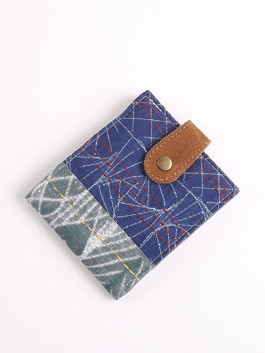 Upcycled Fabric wallet with leather clasp -1 Metallic Blue