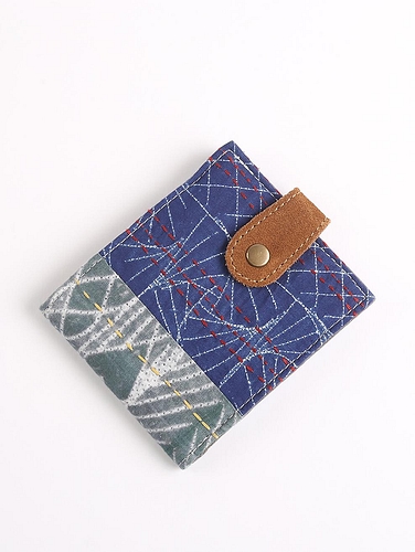 Upcycled Fabric wallet with leather clasp -1 Metallic Blue