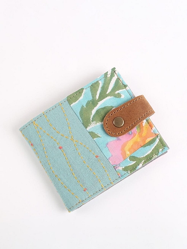 Upcycled Fabric wallet with leather clasp -2 Util Sea Foam Blue