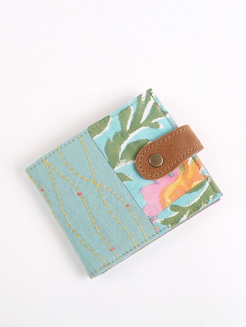 Upcycled Fabric wallet with leather clasp -2 Util Sea Foam Blue