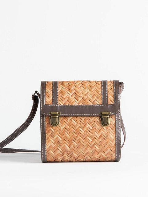 Woven & Leather Structured Shoulder Bag Matte Brown