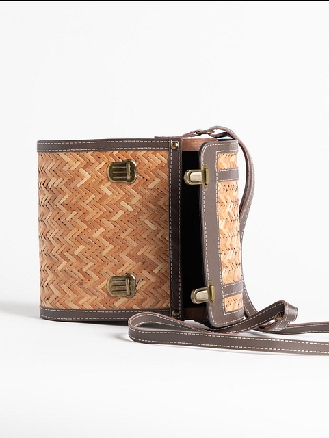 Woven & Leather Structured Shoulder Bag Matte Brown